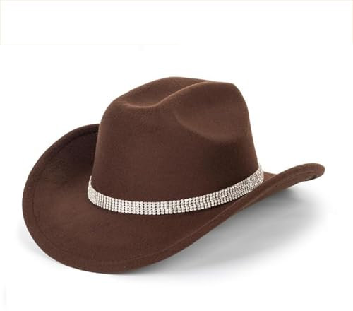 Klassischer Western-Cowboyhut für Damen und Herren, breite Krempe, Fedora-Hut, Filz, Cowboy-Cowgirl-Hut, passend für M-L, Braun, 56 EU