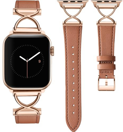 CeMiKa Cinturino in Pelle Compatibile con Apple Watch 41mm 40mm 38mm per Donne, Sottile Cinturino in Vera Pelle con Metallo a Forma di X per iWatch Series 9 8 7 6 5 4 3 2 1 SE, Marrone/Oro Rosa