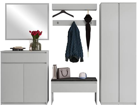 Mirjan24 Garderoben-Set Simply II mit 3 Kleiderhaken und Wandregal, Spiegel und Schuhschrank, Kleiderschrank fur Diele und Flur, Wandgarderobe (Grau + Ontario 97)