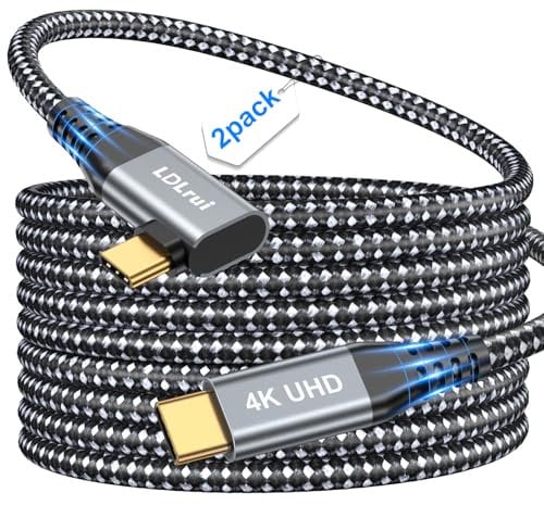 LDLrui Cable USB C en ángulo recto [10 pies, paquete de 2], 90 grados USB 3.2 Gen 2 × 2 tipo C 100W carga rápida, salida de video 4K 60HZ, cable de sincronización de datos para Meta Quest 2, MacBook
