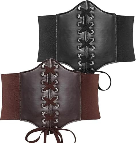 QYDMIN Corsetto Donna Nero/Marrone 2 Pezzi Cintura Corsetto Donna Elastico Largo,Corsetto Donna Pirata per Costume da Donna di Halloween