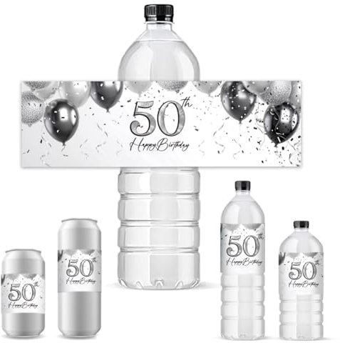 PH PandaHall 50e Étiquettes de Bouteille D'Eau Anniversaire Autocollants Joyeux Anniversaire Enveloppes de Bouteille Étiquettes Auto Adhésives pour Père Mari 21.6x6.4cm 30 pcs