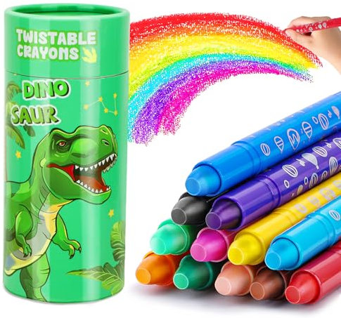 JYPS Wachsmalstifte für Kleinkinder, 12 Farben Drehbare Abwaschbare Buntstifte mit Dinosaurier Stifthalter, Ungiftige und Sichere Malen Malstifte, Kunst Set Weihnachten Geschenk für 3-7 Junge