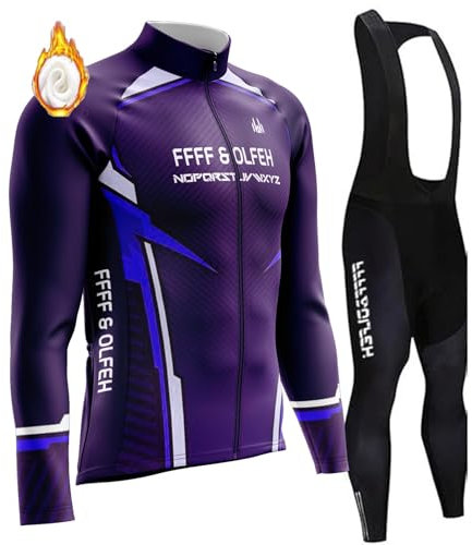 Herren Langarm Radsportanzüge Radtrikot Set Radfahren Kleidung Langärmeliges Fahrradtrikot Winter Warm Fleece Atmungsaktiv Quick-Dry mit 9D Gel Gepolsterten Trägerhosen (PT2,XXL)