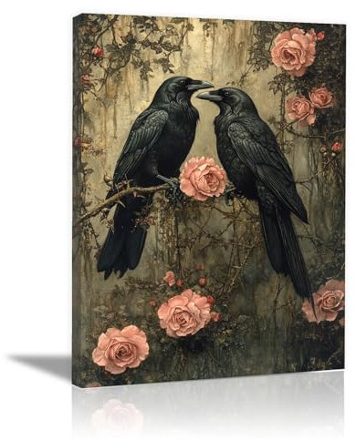 AMXBZC Schwarz, rosa Halloween-Posterdrucke, Schwarze Krähenblume Pflanze Dark Academia-Wanddekoration, Halloween-Bilder, Waldlandschaft, Kunst, Gothic-Dekor-80x120cm Gerahmt