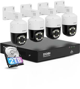 ZOSI 4K Pan/Tilt PoE CCTV Camera System, 4pcs 8MP Outdoor Indoor PoE Security Cameras, 8 Port 16CH 4K NVR 2TB HDD, Person/Vehicle/Pets Detection, 360° Auto Tracking, 2-Way Audio, Color Night Vision