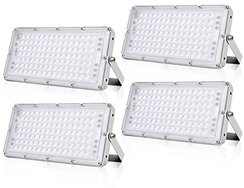 4 PACK 100W LED Strahler Außen, 6500K Kaltweiß Fluter, Superhell 10000LM Flutlicht IP65 Wasserfest Aussenstrahler für Garten, Garage