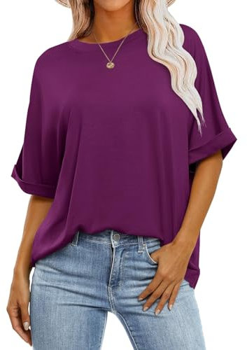 Cuptacc Top Mujer Verano Camiseta Mujer Oversize Camiseta Escote Redondo Básico Tank Top Manga Corta Túnica Elegante Violeta XL 46-48