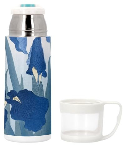 Bouteille thermo en Inox avec Tasse Intégrée - Bleu Iris Illustration Style Japonais Traditionel Design - 350ml - Bouteille Isotherme