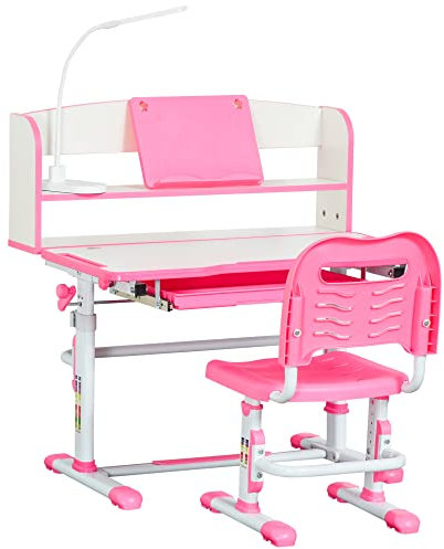 HOMCOM Set Scrivania e Sedia per Bambini 6-12 Anni Regolabili in Altezza, Banco Scuola con Piano Inclinabile 45°, Lampada, Cassetto, Scaffale, Portapenne e Leggio, in Acciaio e MDF, Rosa