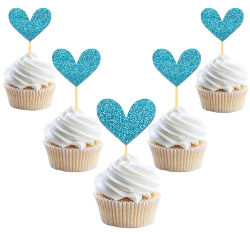 24 Stück Glitzer Liebe Herz Cupcake Toppers, Muttertag Deko Tortendeko, Hochzeit Gemischte Größe Kuchendeko für Valentinstag Jahrestag Braut Geburtstag Heiratsantrag Verlobung Party Deko (Blau)