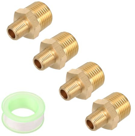 QUARKZMAN 4 piezas de Racor Hexagonal de Latón, Adaptador de Tubería Roscada Macho de 1/8 NPT x Macho de 3/8 NPT con Cinta de PTFE, Tono Dorado