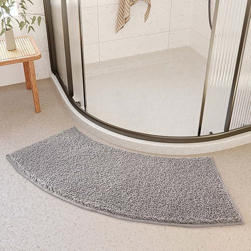 PRELGOSP Curved Bath Mat, Corner Shower Mats Microfiber and Soft, Absorbent Bathroom Anti Slip Mat,Gray