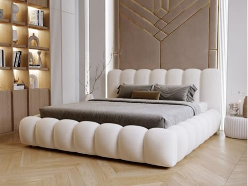 GRAINGOLD Averia Bett 180x200, Polsterbett mit Bettkasten, Polsterbett mit Stauraum, Samt, mit Lattenrost, mit Kopfteil, ohne Matratze (Beige, 180x200)