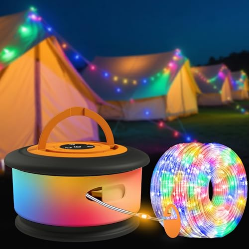 Camping String Lights with 19 Modes, 4 in 1 Outdoor Camping Lights Rechargeable 32.8FT, Glamping Essentials, Music Sync Mode, Waterproof Retractable Tent Light for Camping, Hiking, Travel, Gift