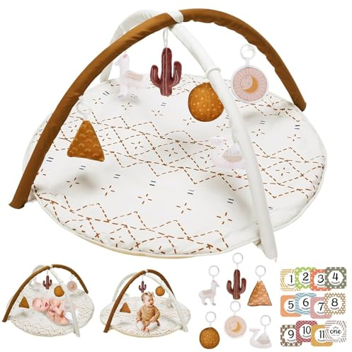 Mallify Baby Spielbogen mit Spielmatte, play mat mit Bauchzeit Kissen und 6 abnehmbaren Sensorik Spielzeugen für Neugeborene & Kinder, Goldbraun