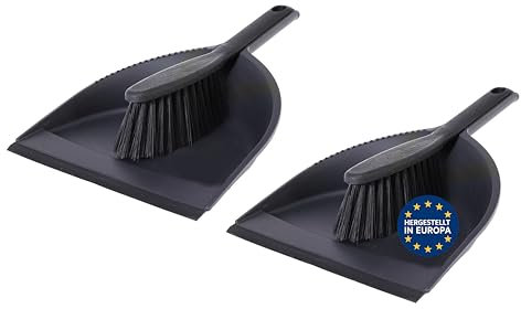 mucHome Kehrschaufel Set in schwarz - Handfeger mit robuste Borsten und Schaufel mit Gummilippe, Kehrblech Kehrset Schaufel Besen Set - Made in Europa (2 Stück)