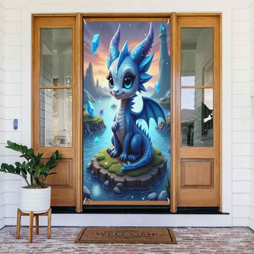 Türabdeckungen Dekorationen – Kawaii Drache Blau Druck Nr. 216 Herbst Winter Türbanner für Vorderseite, Frühling Sommer Schild Abdeckung Banner Hängender Hintergrund für Outdoor Indoor Eve Wall Decor