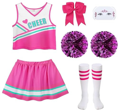 Aitsite Cheerleader Kostüm Kinder, Cheerleader Kostüm Mädchen, Cheerleading Outfit Faschingskostüm mit Strümpfen Pom Poms Aufkleber, Kinder Cheer Kostüme für Karneval, Fasching, Mottoparty, 5-14 Jahre