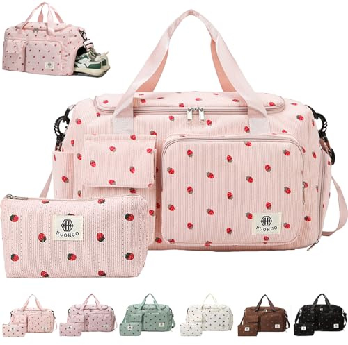 AUNGKWANG Reisetasche Damen, Sporttasche Damen mit Schuhfach, Nassfach and Kleine Geldbörse, Cord Schwimmtasche, Erdbeere Gym Bag, Weekender Travel Bag für Reisen, Fitness, Sport, 48x22x27 cm