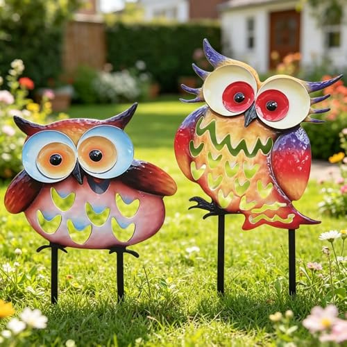 WRQIOO 2PCS Gartenstecker Metall Eule, Metall Eulen Deko Garten, Gartenfiguren Me-Tall Eu-le mit Farbe für Draußen Frühling Gartendeko