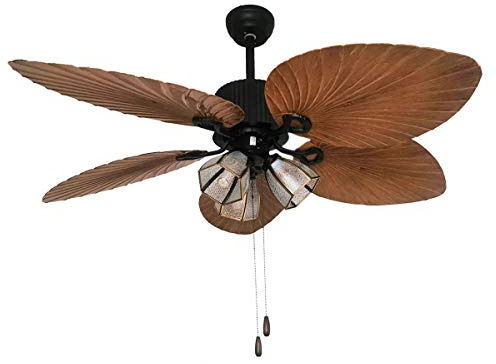 GHBSDNEPP 52-Inches Ceiling Fan Light 5 Wood Palm Leaf Blades Tropical Style 3 Speed Quiet Motor Led Chandelier W/Pull Chain/Remote for Bedroom Home Office Restaurant Bar C(Pull Chian)/Pull Chian