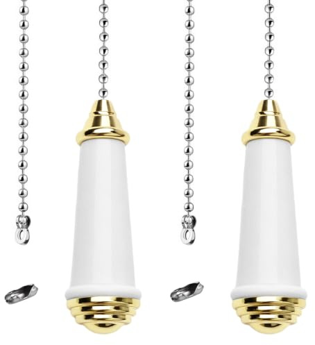 TXErfolg 2 catene di prolunga in ceramica con catena a sfera lunga 85 cm, finitura oro/ottone in porcellana bianca, maniglia a catena per camera da letto, WC, soffitto, ventilatore cieco, ventilatore
