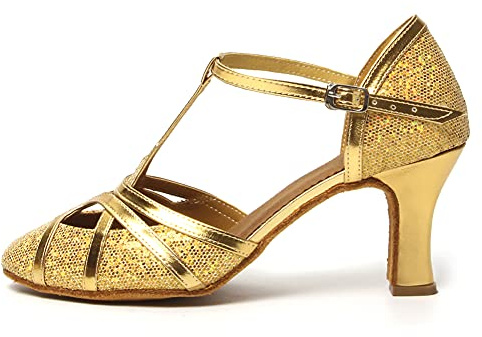 HROYL Women T-Strap Glitter Latin Dance Shoes Low Heel Salsa Tango Ballroom Latin Party Wedding Dancing Shoes,511-Gold-7,5.5 UK