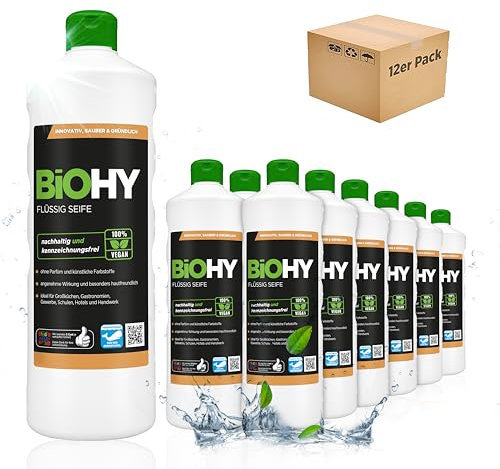 BiOHY Flüssig Seife (12 x 1 Liter) + Pumpspender | Hautschonende, rückfettende & flüssige Handseife | PHOSPHATFREI | geruchsneutrale Hygiene | auch für das Gesicht geeignet | ohne Parfüm & Farbstoffe