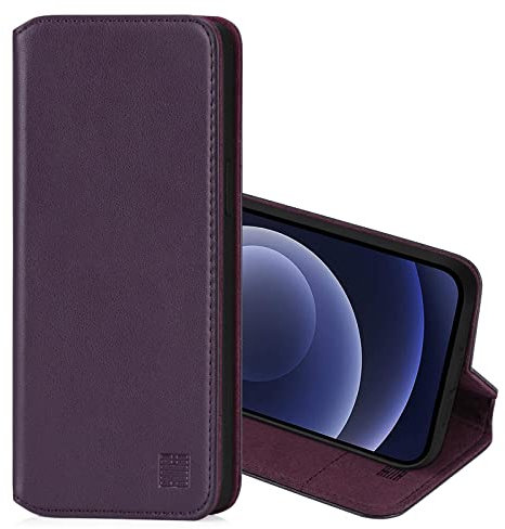 32nd Classic Series 2.0 - Real Leather Book Wallet Flip Case Cover For Apple iPhone 12 (6.1) / iPhone 12 Pro (6.1), With Card Slot, Magnetic Closure and Built In Stand - Aubergine