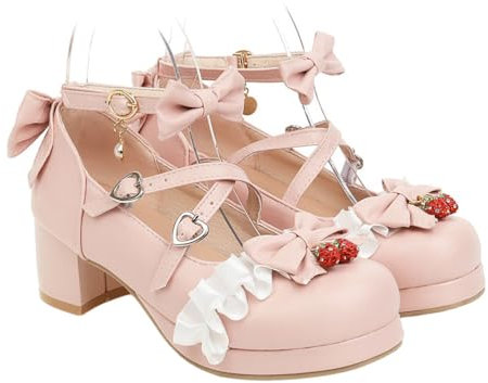 Holibanna Scarpe Lolita da donna con tacco grosso Mary Jane con plateau e punta rotonda, rosa, 38 EU