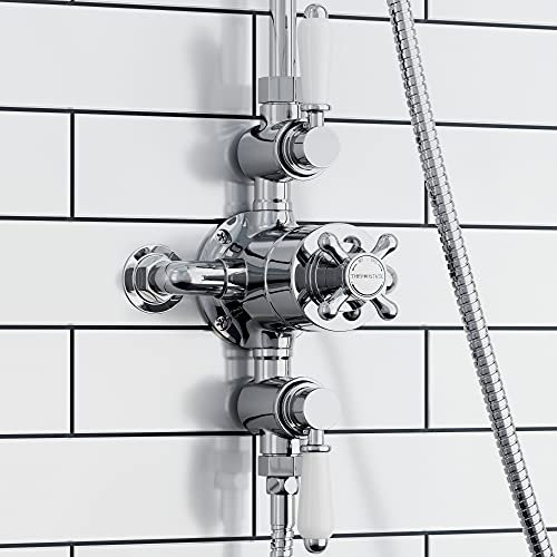 ENKI, Downton, T86, Double Shower Unit Outlet, Triple Thermostatic Shower Valve, White & Chrome Shower Tap Attachment for Bathroom Shower, Classic Shower Valve Style