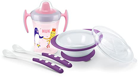 NUK Set d'apprentissage | Tasse d'apprentissage Trainer Cup (230 ml) | Bol d'apprentissage et cuillère | À partir de 6 mois | Sans BPA | Violet | 4 pièces
