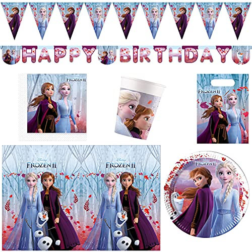 Procos 10210595 - Partyset XXL Disney Frozen 2, 45-teiliges Set, 8 Teller, 8 Becher, 20 Servietten, 1 Tischdecke, 6 Partytüten, 1 Wimpelkette, 1 Banner, Einweggeschirr, Partygeschirr, Tischdekoration