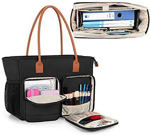 CURMIO Teacher Tote Bag for Women, Work Bag with Padded Laptop Sleeve, Fits Educator, Black (Bag Only, Patented Design)
