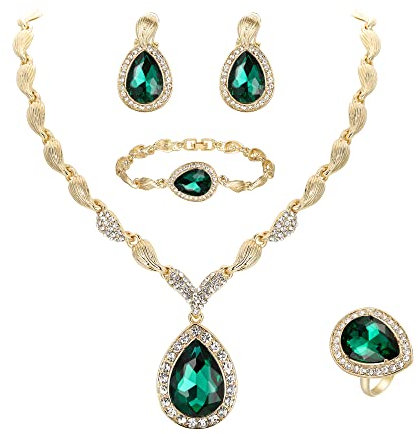 Clearine Damen Schmuckset für die Braut, Tropfen, Kristall Batt Cluster Lätzchen Statement-Halskette, Armband, Ohrstecker und Ring Set für Hochzeit Smaragd-Grün Gold-Ton
