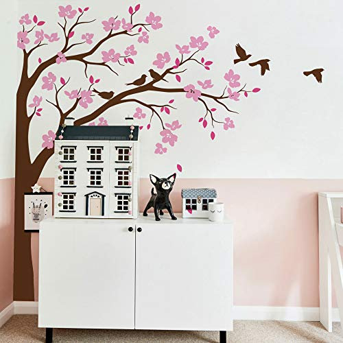 Große Ecke Baum Wandaufkleber Wandtattoo mit großen Blüten, Vögel und Blätter Kinderzimmer Wandkunst Aufkleber Wandbild 087 (Äste nach rechts, Braun; Rosa; Weiches Rosa)