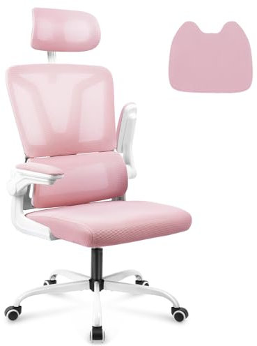 Soontrans Silla Ergonomica de Oficina, Silla Escritorio con Cojín Lumbar, Reposacabezas Ajustable y 3D Apoyabrazos Plegable, Silla Giratoria con Función de Inclinación, Altura Regulable, Rosa
