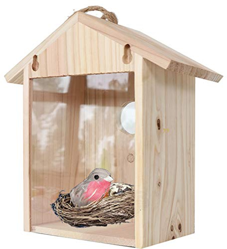 Durchsichtiges Vogelhaus aus Holz, für den Außenbereich, Vogelhaus mit Spionagefenster und Einwegspiegelfolie, Fenster-Vogelhaus mit starkem Saugnapf und Umhängeband für draußen, einfache Beobachtung,