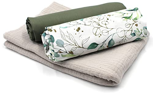 VmG-Store Musselin + Baumwollstoff Set farblich abgestimmt Double Gauze Stoff 100% Baumwollstoff Tex Standard 100 (Set02 Eukalyptus 2)