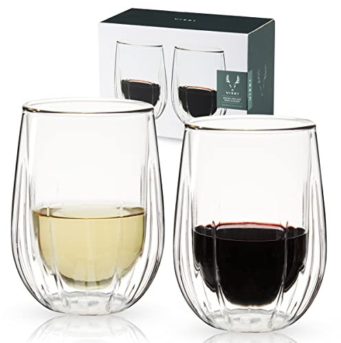 Viski Lot de 2 verres à vin isolés à double paroi sans pied avec design en cristal taillé, accessoires de bar à domicile, verrerie, 388,5 g, transparent