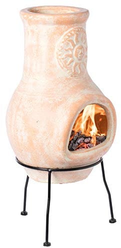 Vintiquewise Beige Outdoor-Kamin aus Ton für den Außenbereich, Sonnen-Design, Holzkohle-Feuerstelle mit stabilem Metallständer, Grill, Cocktail-Party, Familientreffen, gemütliche Nächte Feuerstelle