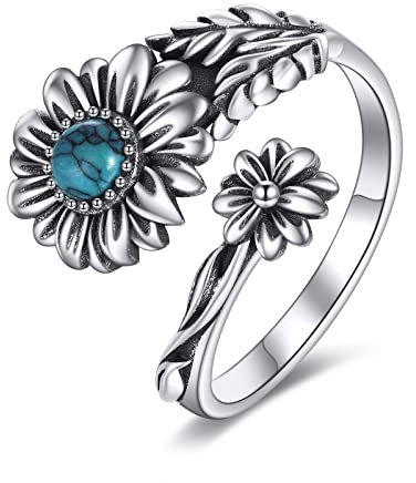 POPLYKE Sterling Silber Türkis Gänseblümchen Löffel Ring Vintage Daumen Ringe Boho Einstellbare Offener Ring Blumenschmuck Geschenke für Frauen