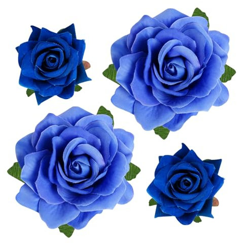 Topbuti Lot de 4 pinces à cheveux en forme de rose en tissu pour femme, fille, mariage, fête des mères (2 tailles) (bleu)