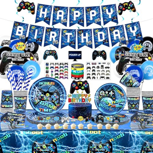 Décoration Anniversaire de Fête de Jeu Vidéo pour Garçons et Joueurs,Y Compris Assiettes, Deco Gateau Playstation ,Tasses, Serviettes, Nappes, D'autocollants , Bannières et Ballons (20 Invités)