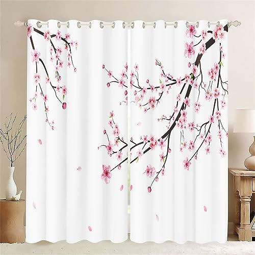 SMchwbc Vorhang Kirschblüten Japanische Gardine Kirschblüte Rosa Vorhänge Blickdicht Ösenvorhang 3D Druck Verdunklungsvorhänge Blumenmuster 2er Set Wohnzimmer (6,100 x 140 cm(2X50X140cm))