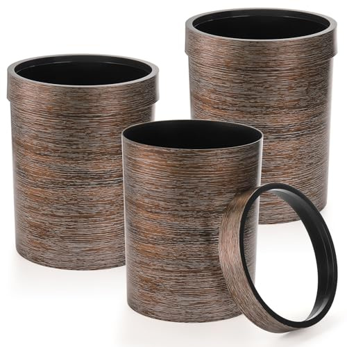 Noamus 3 Pack Vintage Small Trash Can, 1.7 Gallon/6.5L Plastic Round Wastebasket, Hipsteen Retro Style Garbage Can, Wood Grain Garbage Bin with Top Ring to Fix Bag for Home Kitchen Office Bathroom