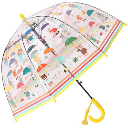 Chesoon Klarer Regenschirm für Kinder mit niedlicher Cartoon-Kuppel POE Schirmdach und geschwungener Griff Automatisch geöffneter Regenschirm,Gelb