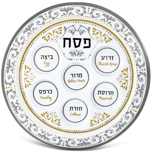 Zion Judaica Renaissance Assiettes de Pâques Seder Plateau rond en mélamine 6 sections avec motif floral doré et argenté 30,5 cm