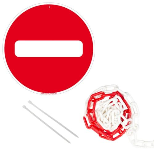 Signalétique.biz France - panneau rond en aluminium 300mm - Sens interdit, avec chaîne plastique rouge et blanche 5m + colliers de serrage.